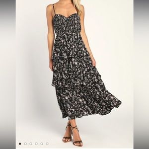 Cascading Crush Black Floral Print Tiered Bustier Midi Dress, M